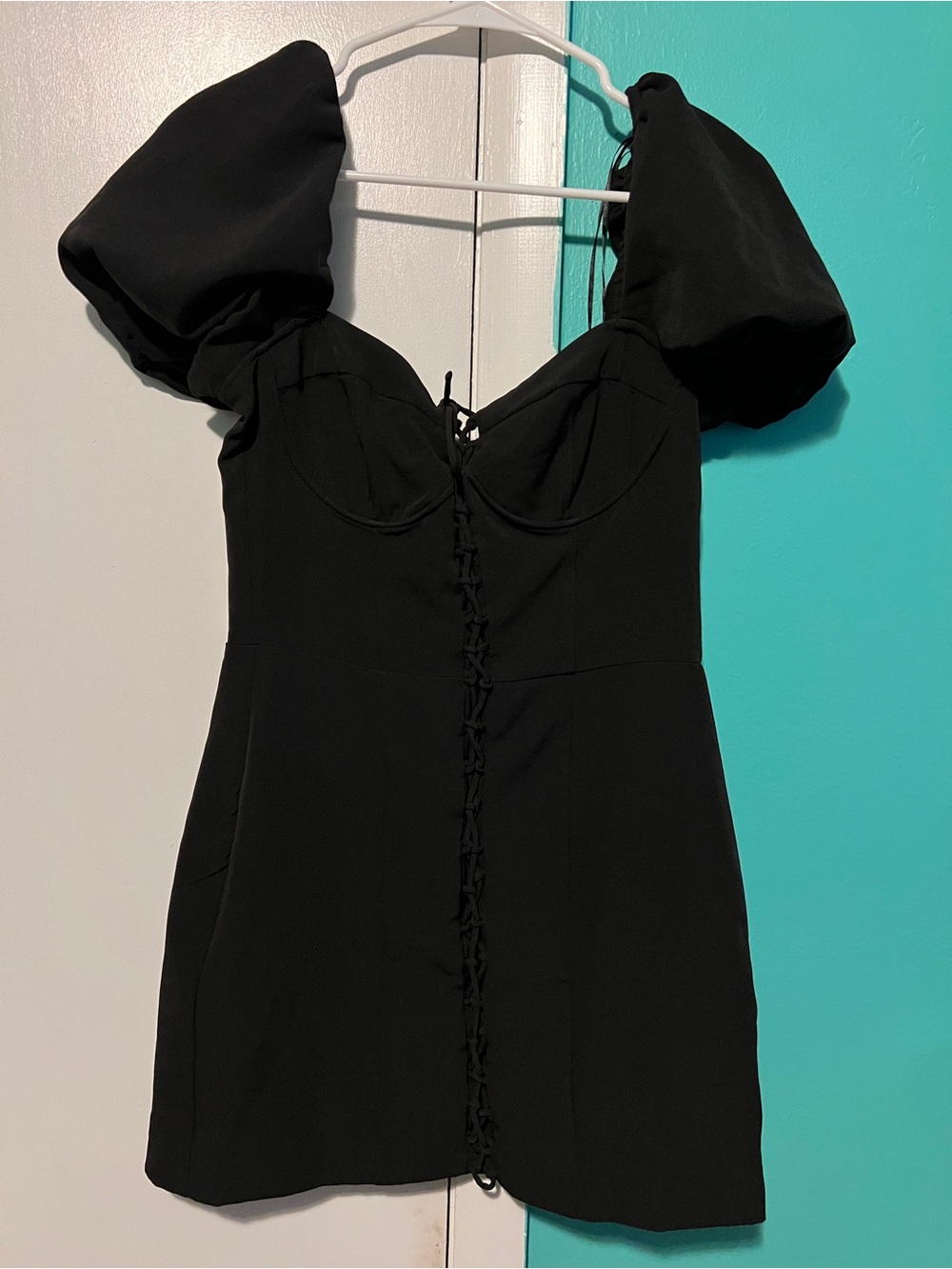 Zara Black Puff-Sleeve Lace-Up Mini Dress
